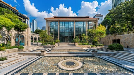 Poster - Modern architectural structure surrounded by greenery and water features under a blue sky.