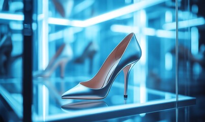 Poster - A sleek high-heeled shoe displayed in a modern, illuminated showcase.
