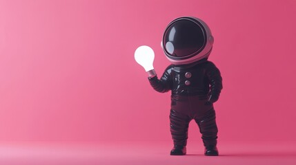 Aufkleber - A small astronaut figure holding a glowing light bulb against a pink background.