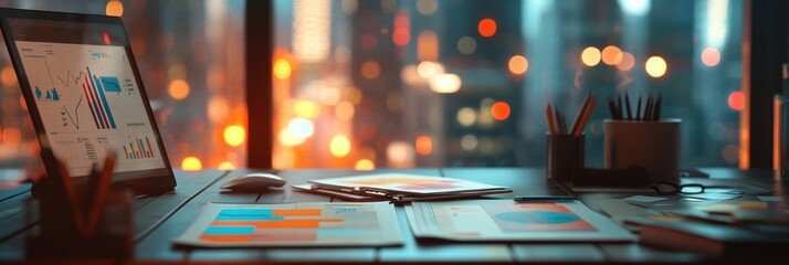 Aufkleber - A workspace with charts and graphs, showcasing data analysis in a modern setting.