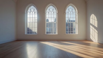 Poster - A bright, spacious room with large arched windows casting elongated shadows on the floor.