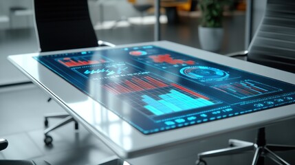Poster - A futuristic conference table displaying data analytics and visualizations.