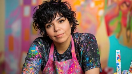 Poster - A creative artist with a colorful apron poses in a vibrant studio filled with artwork.