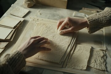 Aufkleber - Hands working with textured paper sheets on a table, suggesting artistic creation.