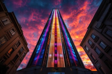 Poster - A tall building illuminated with vibrant lights against a dramatic sunset sky.