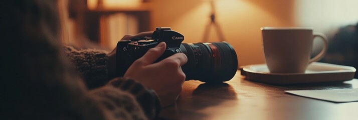 Poster - A person holding a camera beside a cup on a table, suggesting a creative or leisure activity.