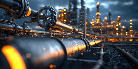 Poster - Industrial pipes flowing through petrochemical zone steel infrastructure urban environment close-up view energy concept