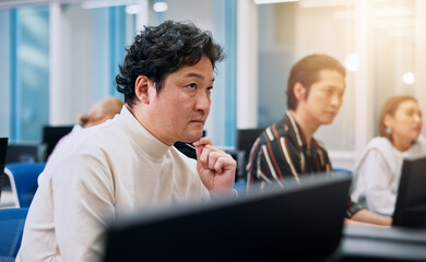 Aufkleber - Japanese, businessman and computer with thinking, connection and communication as stocks trader. Group of people, coworking and tech for investment portfolio, economy or ideas as financial consultant