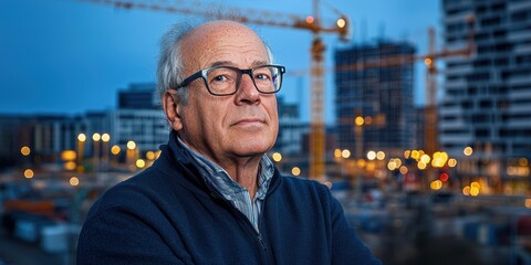 Poster - Senior architect utilizing technology at construction site during evening urban environment professional perspective