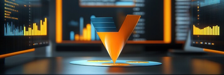 Aufkleber - A digital rendering featuring a stylized logo with graphs and data visuals in the background.