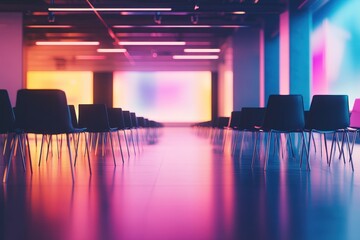 Poster - A modern, colorful space with empty chairs, suggesting a venue for events or gatherings.