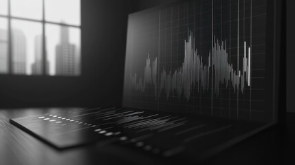 Poster - A sleek laptop displaying a financial graph in a modern office setting.
