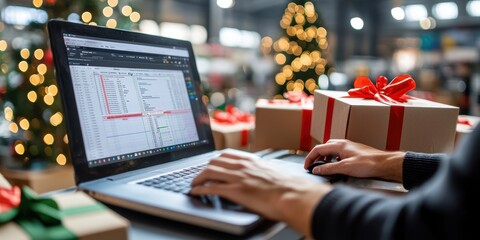 Poster - warehouse worker analyzing spreadsheet data during holiday season in storage facility indoor busines