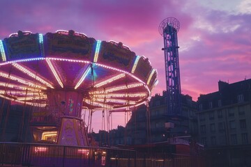 Aufkleber - A colorful amusement park ride illuminated against a vibrant sunset sky.
