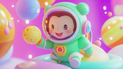 Poster - A cheerful cartoon astronaut holding a yellow moon-like object in a colorful, whimsical setting.