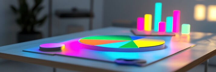 Aufkleber - A colorful data visualization setup featuring pie and bar charts on a table.