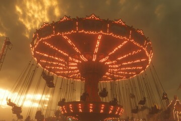 Aufkleber - A vibrant carousel ride illuminated against a dramatic sky at sunset.