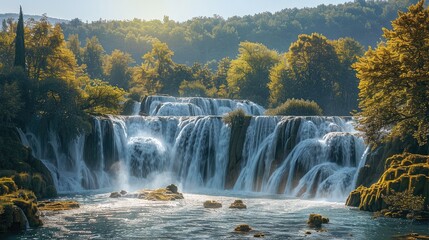Poster - Sunlight rays catching the top of a roaring waterfall surrounded by trees.