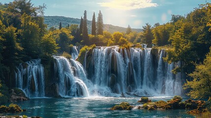 Poster - Sunlight rays catching the top of a roaring waterfall surrounded by trees.