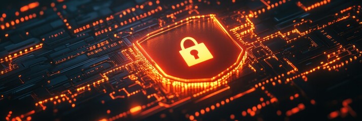 Poster - Digital illustration of a lock symbol on a circuit board, symbolizing cybersecurity.