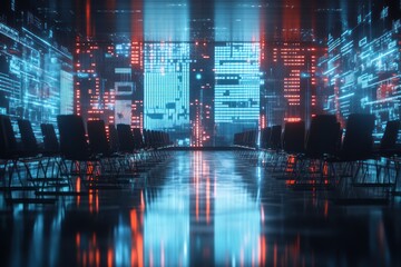 Poster - A futuristic conference room with digital displays and reflective flooring.