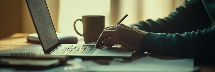 Aufkleber - A person typing on a laptop with a cup nearby, surrounded by papers.