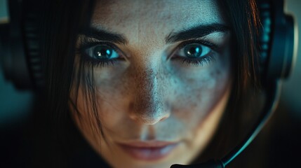 Aufkleber - Close-up of a focused individual wearing a headset, engaging in communication.