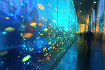 Poster - A vibrant, illuminated corridor with abstract digital projections and silhouettes of people.