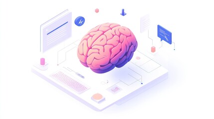 Poster - An illustration of a brain surrounded by digital elements, symbolizing knowledge and technology.