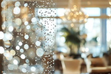 Poster - A blurred interior scene with sparkling droplets and soft bokeh lights.