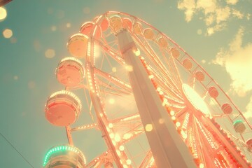 Aufkleber - A vibrant ferris wheel illuminated against a bright sky, evoking fun and leisure.