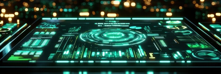 Poster - Futuristic digital interface with glowing graphics and data visualization elements.