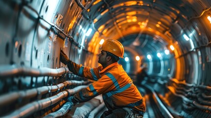 Poster - A construction worker doing maintenance on the inside of a well lit subway tunnel.