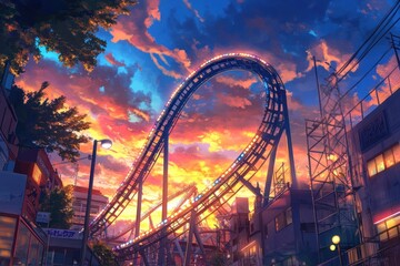 Aufkleber - A vibrant sunset illuminates a roller coaster amidst urban buildings and colorful clouds.