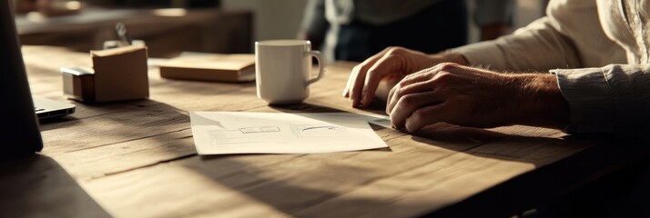 Poster - A person's hand rests on a table with a cup and papers, suggesting a work or brainstorming session.