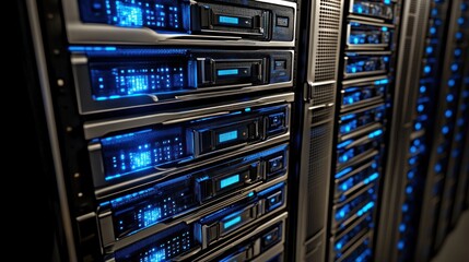 Fototapete - A close-up view of a server rack with illuminated components, indicating data processing.
