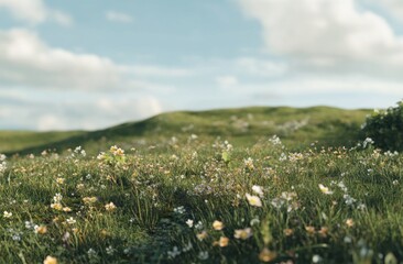 Poster - A serene landscape filled with blooming flowers and gentle hills under a blue sky.