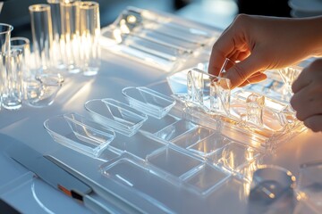 Poster - A hand arranging transparent glass containers on a well-lit surface.