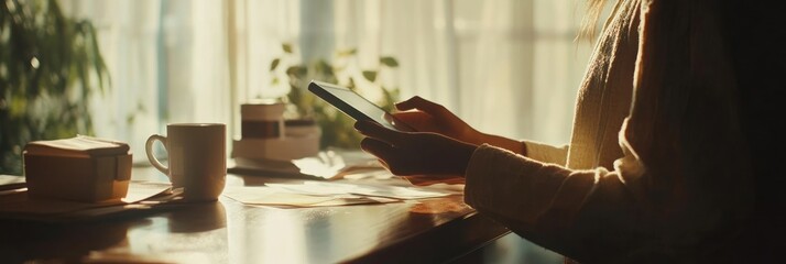 Poster - A person using a smartphone at a table with a cup and a box in a sunlit environment.