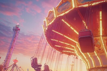 Aufkleber - A vibrant amusement park scene at sunset featuring a swing ride and a tall ride in the background.