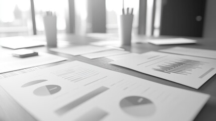 Poster - A collection of business reports and charts laid out on a table for analysis.