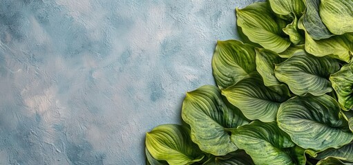 Poster - A close-up of lush green leaves against a textured blue background.