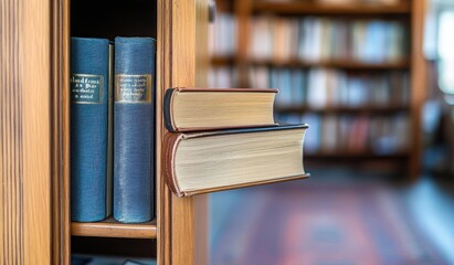 Aufkleber - A close-up of books on a shelf, highlighting their spines in a cozy library setting.