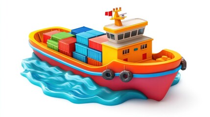 Poster - A colorful toy cargo ship with stacked containers navigating blue waves.