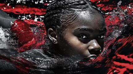 Poster - A swimmer emerges from water, showcasing strength and determination with vivid red accents.
