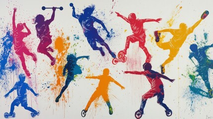 Poster - Colorful silhouettes of people engaged in various sports and activities, showcasing movement and energy.