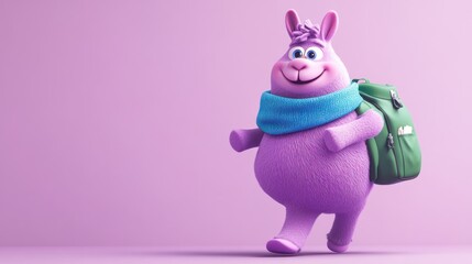 Aufkleber - A cheerful purple cartoon character with a backpack, walking happily against a pastel background.