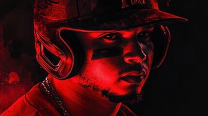 Wall Mural - A close-up of a focused athlete in a dramatic, red-toned sports portrait.