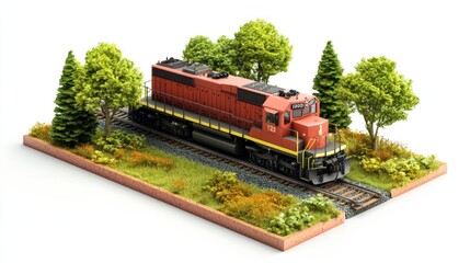 Poster - A model train on a scenic landscape with trees and greenery.