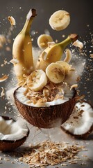 Poster - Coconut and banana explosion seen from above. Extra simple background.